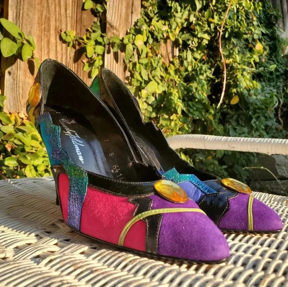 Beverly Feldman Snake Suede Jewel Multi-Color Spain 7 M High Heel RARE Shoes